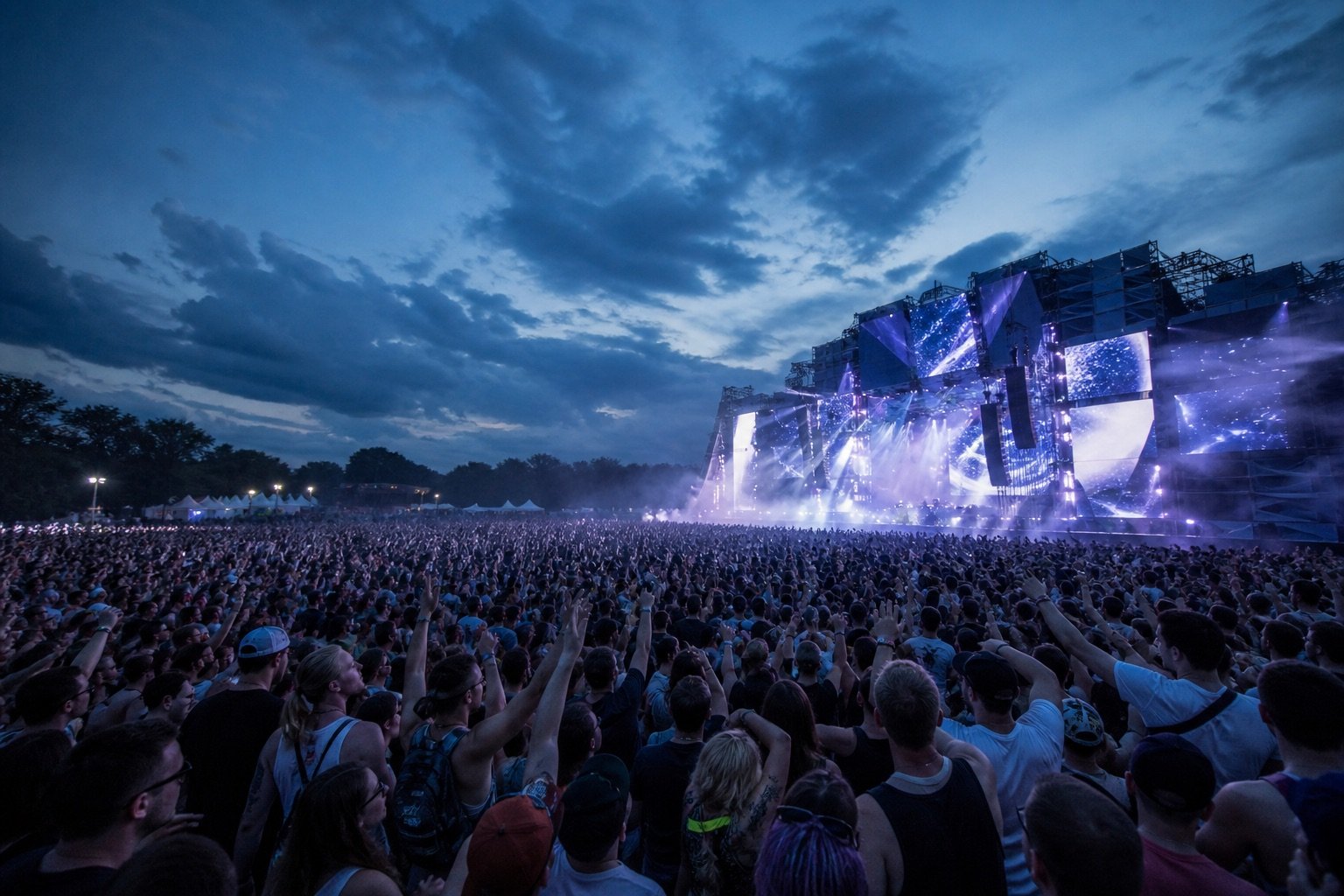A large crowd dancing at a blue-hour electronic music festival main stage