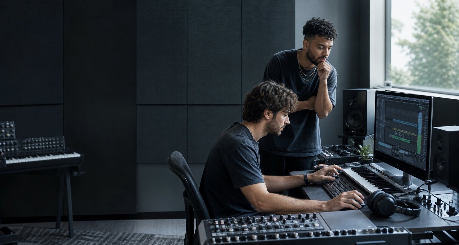 Two artists developing electronic music together in a naturally lit professional studio
