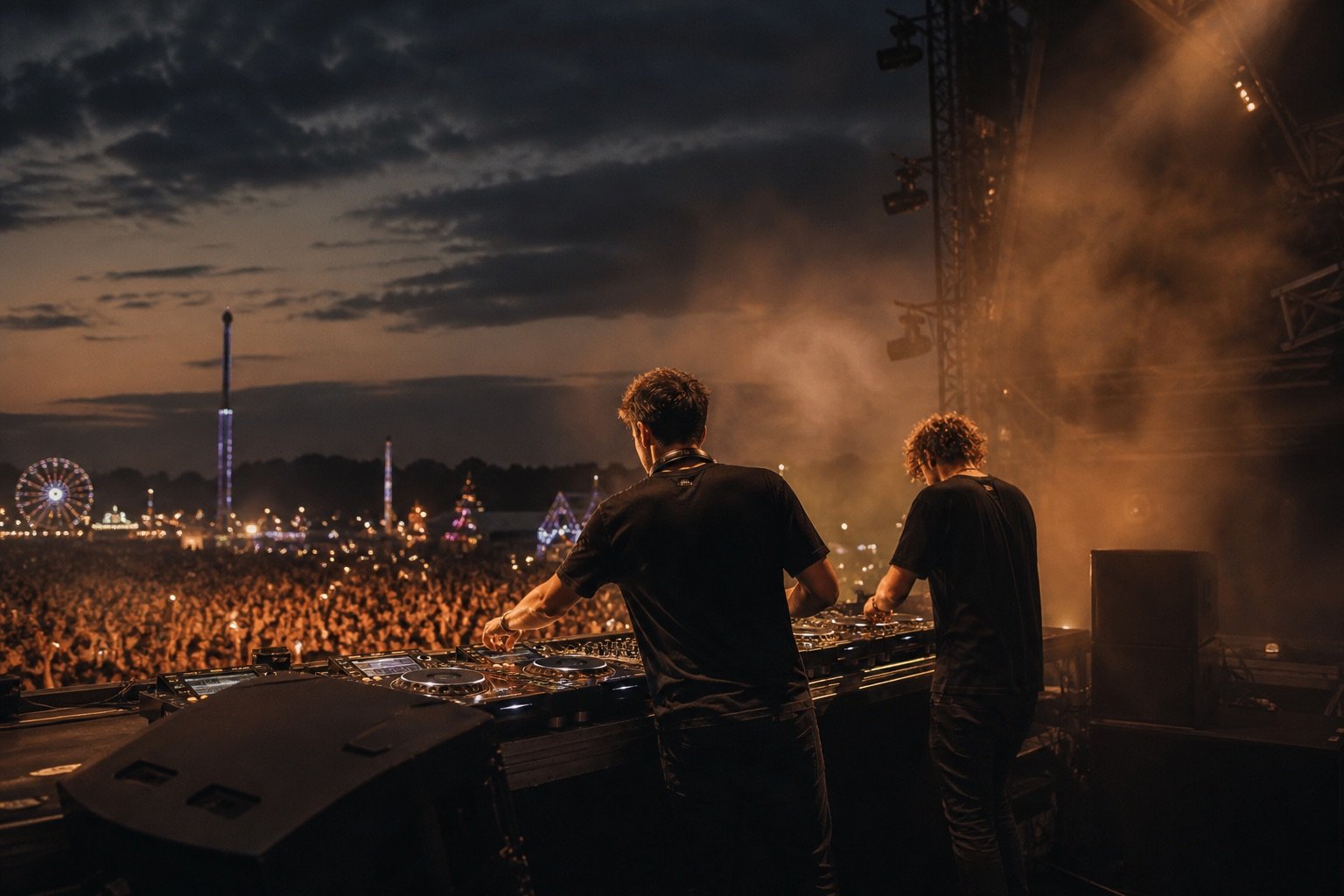 Two electronic music DJs performing together to a large festival crowd