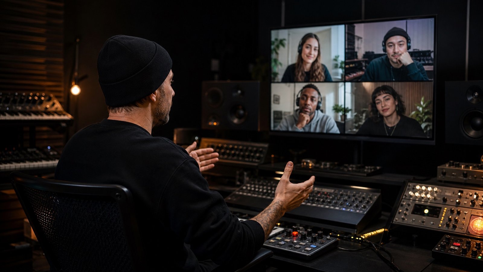 An electronic music mentor leading a live online group coaching session from a professional studio